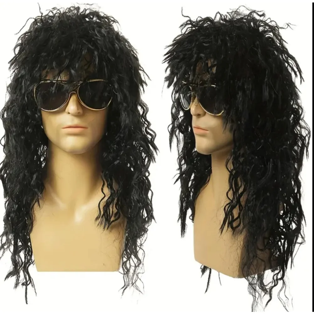 Rocker Costume Long Black Wig Heavy Metal Biker Festival Tattoo Sleeves Cosplay - Picture 4 of 11